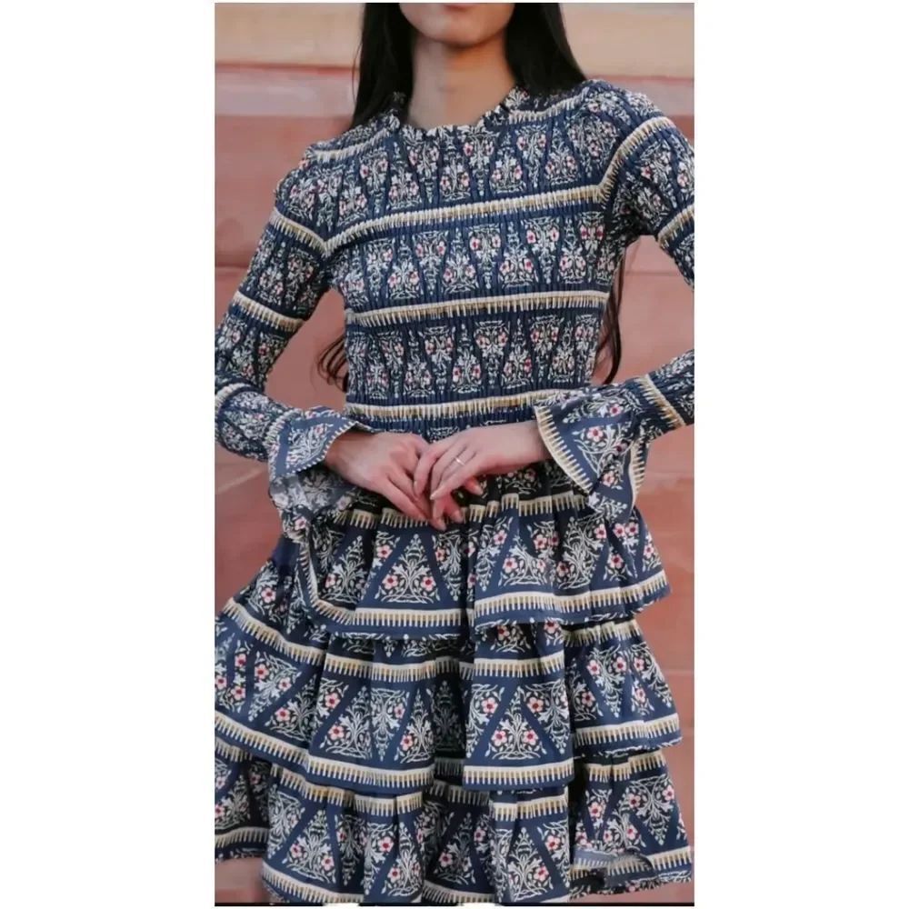 Ivy City Co Greer Dress Navy Floral Smocked Tiered Mini Dress Cottagecore S NWT